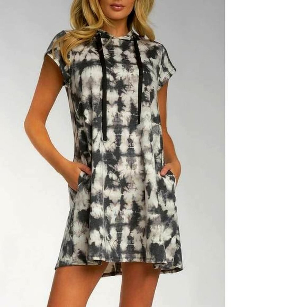 Elan Cap Sleeve Hoodie Mini Dress In Black And White Tie Dye Size S EUC
